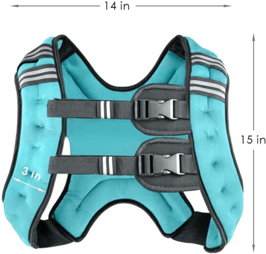 Woman wearing a weighted vest during a workout, with a close-up of the vest's reflective strips.