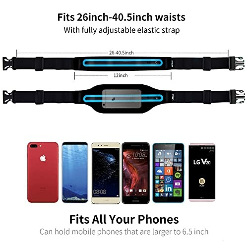 Adjustable elastic phone belt for 26-40.5 inch waists, fits large phones.