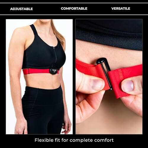 Woman wearing adjustable sports bra with close-up of red strap buckle.