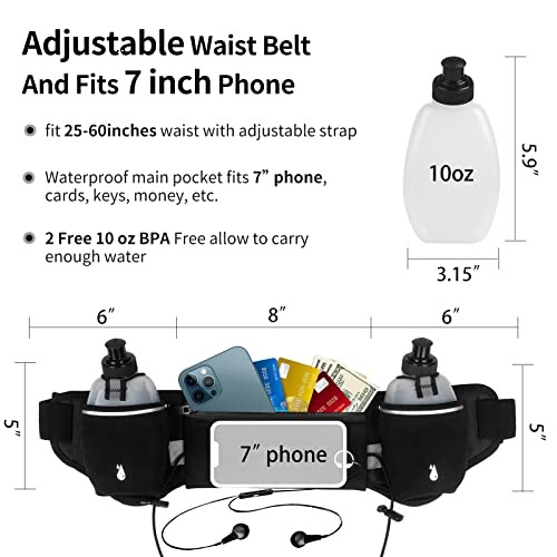 Adjustable waist belt with pockets for a 7-inch phone, cards, and keys, includes two 10 oz BPA-free bottles.