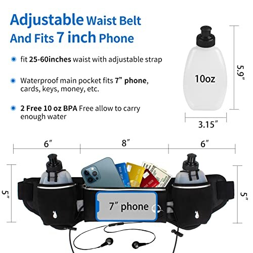 Adjustable waist belt with phone holder and water bottles.