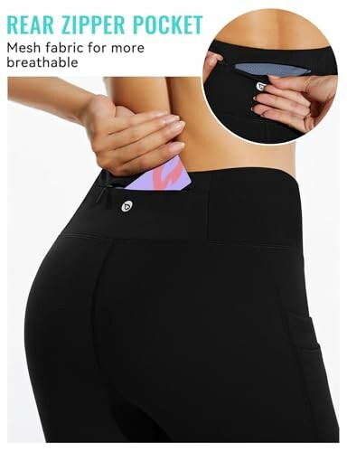 Close-up of black leggings with a rear zipper pocket.