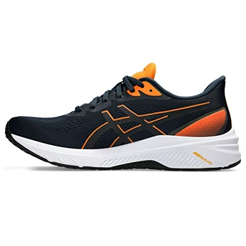 Black and orange running shoe with white sole.