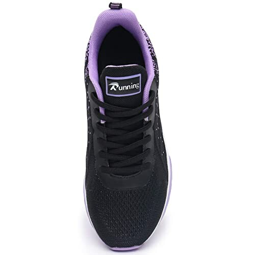 Black and purple running shoe with laces.