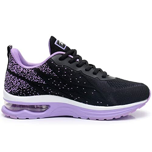 Black and purple athletic sneaker with air cushion sole.