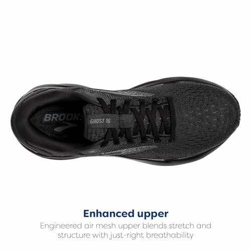 Top view of a black running shoe with enhanced mesh upper.