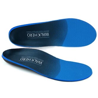 Pair of blue orthotic insoles with Walk Hero branding.