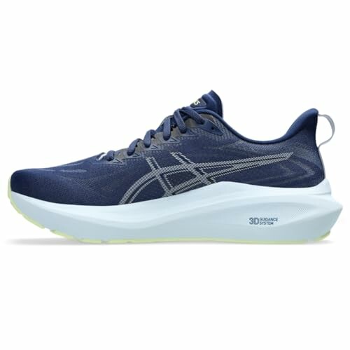 Blue running shoe with white sole