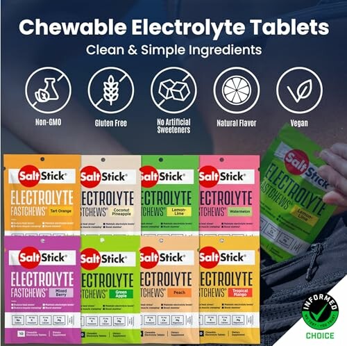 Chewable electrolyte tablets with various flavors and health benefits.