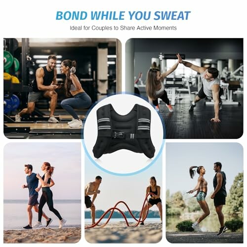 Couples exercising together in various fitness activities.