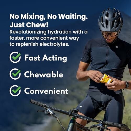 Cyclist holding chewable electrolyte tablets with benefits listed.