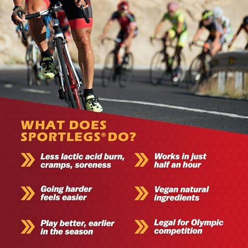 Cyclists riding on a road with Sportlegs benefits listed.