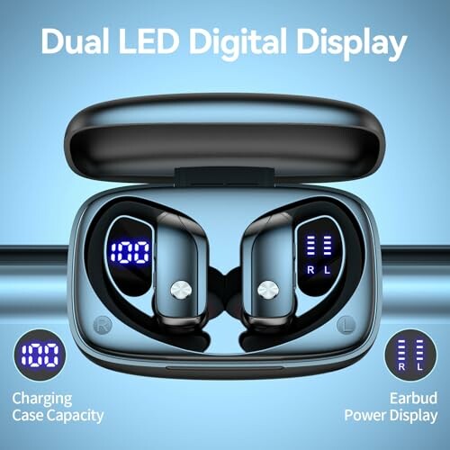 Dual LED display wireless earbuds with charging case.