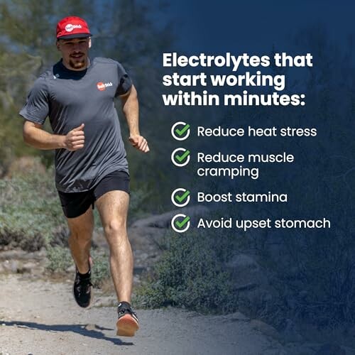 Runner with text on electrolyte benefits: reduce heat stress, reduce muscle cramping, boost stamina, avoid upset stomach.