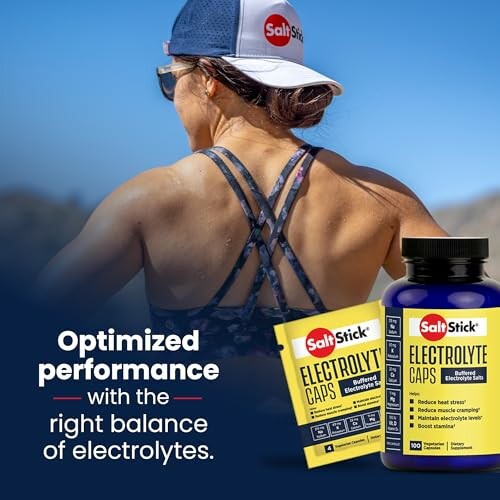 Athlete wearing SaltStick cap with electrolyte supplement packaging.