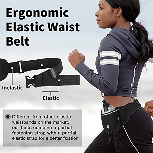 Woman wearing ergonomic elastic waist belt with water bottle.