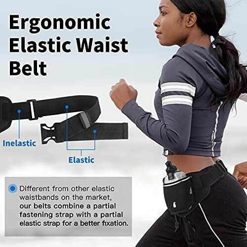 Woman wearing ergonomic elastic waist belt for running.