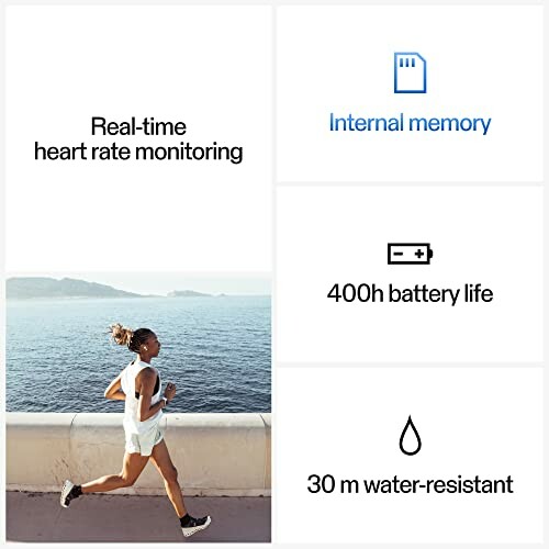 Image highlighting fitness tracker features: real-time heart rate monitoring, internal memory, 400h battery life, 30m water-resistant. Woman jogging by the sea.