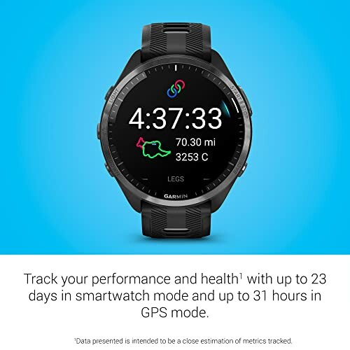 Garmin smartwatch displaying time, distance, and calories on blue background.