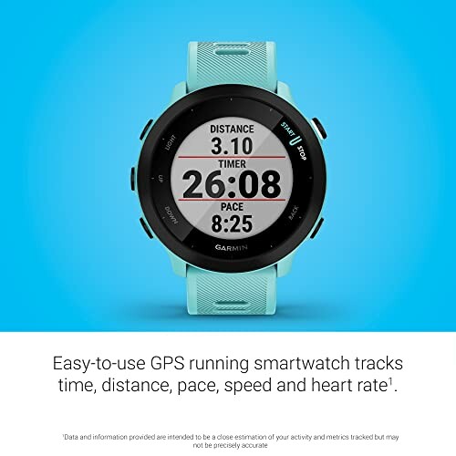 GPS running smartwatch showing distance, timer, and pace on screen