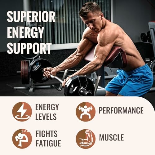 Man lifting weights in gym promoting energy support benefits.