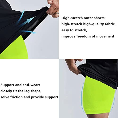 High-stretch shorts demonstrating fabric stretch and support features.