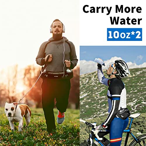 Man jogging with dog wearing hydration belt, cyclist drinking water