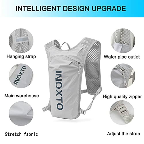 INOXTO hydration backpack with features highlighted including hanging strap, water pipe outlet, main warehouse, high quality zipper, stretch fabric, and adjustable strap.