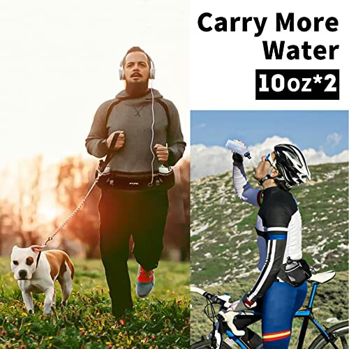 Man jogging with dog and cyclist drinking water.