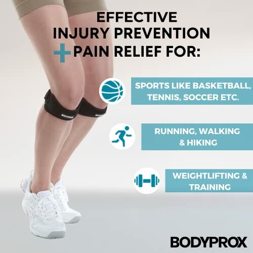 Person wearing knee braces for injury prevention and pain relief in sports like basketball, running, and weightlifting.