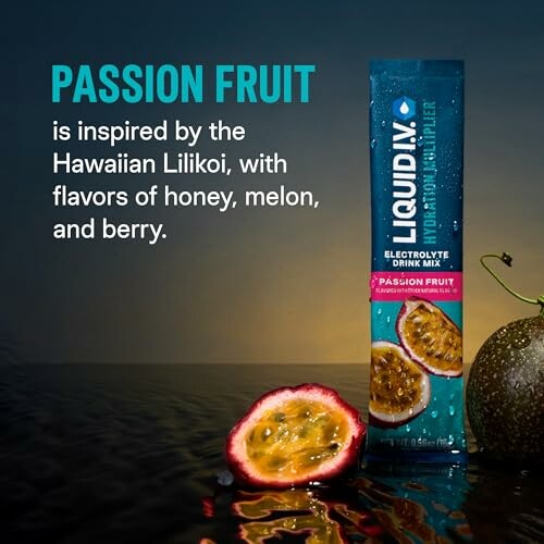 Liquid IV Passion Fruit electrolyte drink mix with sliced passion fruit.