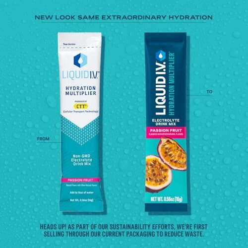 Liquid I.V. hydration multiplier and electrolyte drink mix packaging.