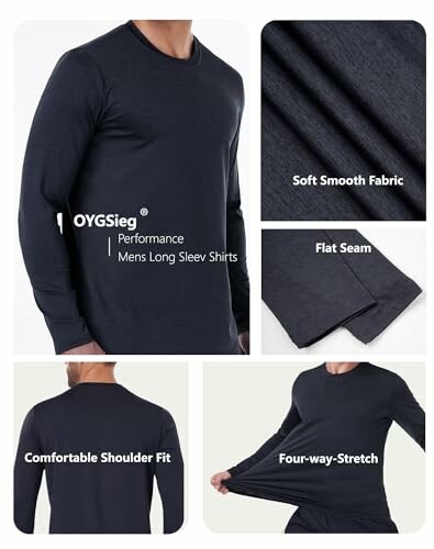 Men's long sleeve performance shirt with soft fabric, flat seam, comfortable fit, and four-way stretch.
