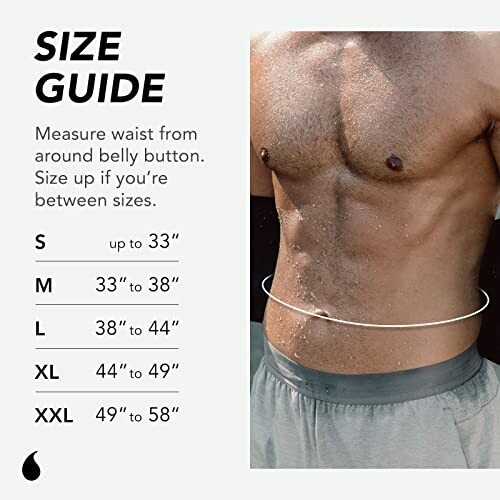 Men's waist size guide with measurements from S to XXL.