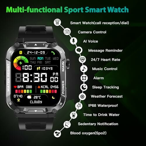 Multi-functional sport smart watch with various features displayed.