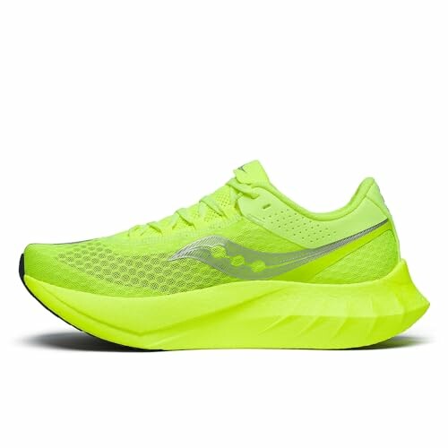 Neon green running shoe with mesh design and sleek sole