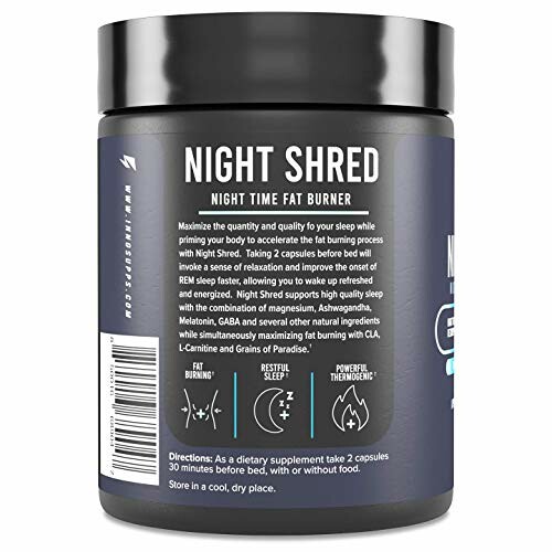 Night Shred fat burner supplement bottle with product details.