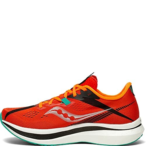 Orange running shoe with white sole and black accents