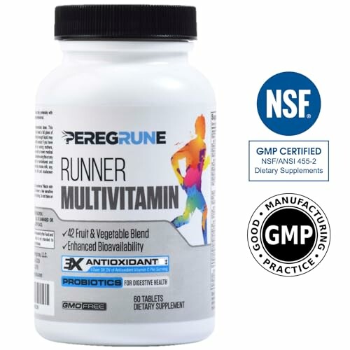 Peregrune Runner Multivitamin bottle with NSF and GMP certification logos.