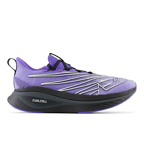 Purple running shoe with black sole and FuelCell branding