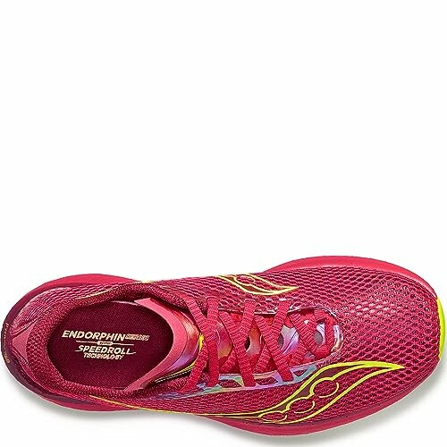 Top view of a red running shoe with yellow accents