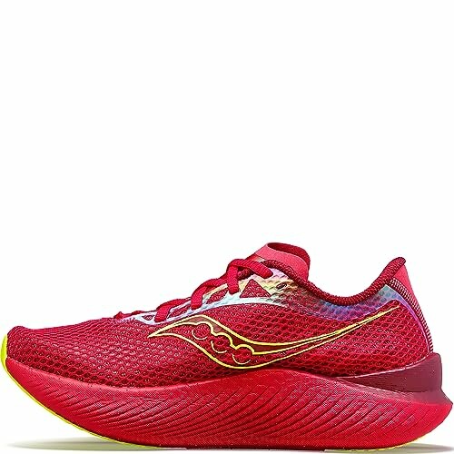 Red running shoe with yellow accents