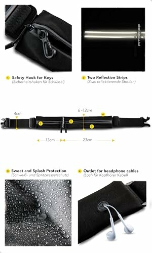 Running belt features including key hook, reflective strips, water protection, and headphone outlets.