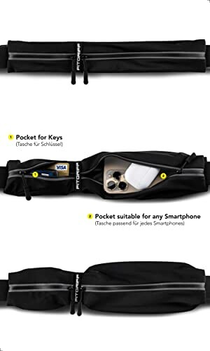 Running belt with pockets for keys and smartphones.