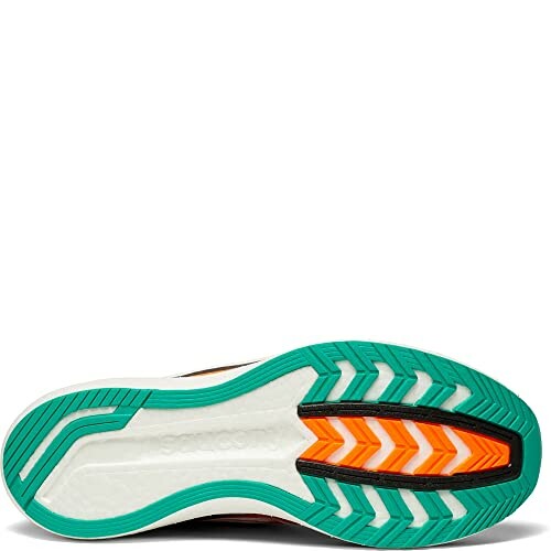 Colorful sole of a running shoe with green, orange, and black accents.