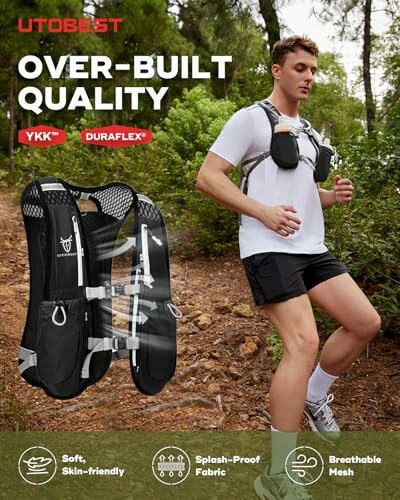 Man running with a black utility vest in a forested area.
