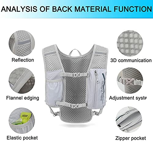 Analysis of running vest features with pockets and adjustable straps.