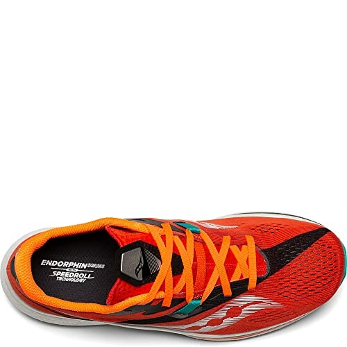 Top view of Saucony Endorphin Speed 3 running shoe in red with orange laces.