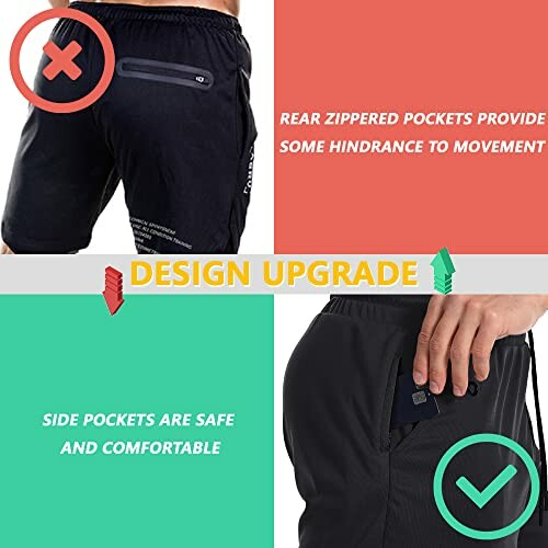Comparison of shorts with rear zippered pockets and side pockets.