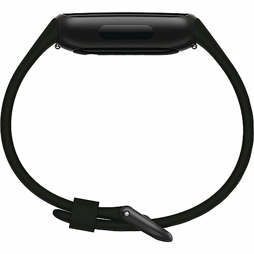 Side view of a smart watch with black strap.